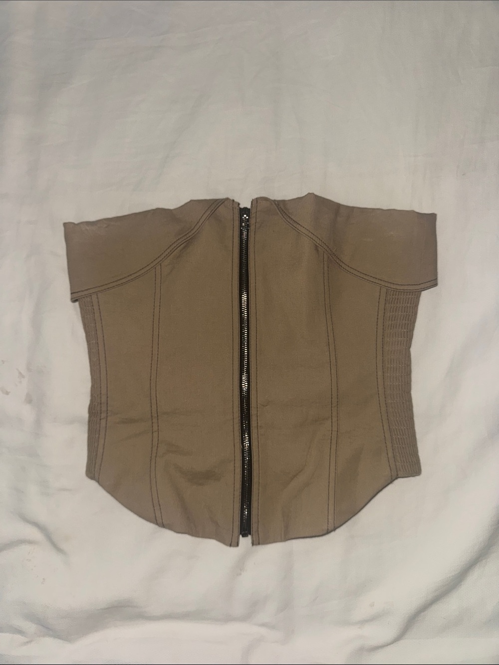 Zara Off-Shoulder Zip-Front Corset Top - Taupe